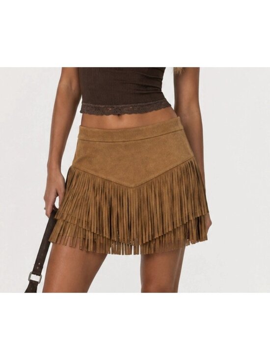 Altar'd State Dresses & Skirts - Altered State Fringe Vegan Suede Mini Skirt Brown Size Small Western Tassel Boho